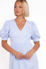 Steele Puff Sleeve Midi Dress - Blue Stripe