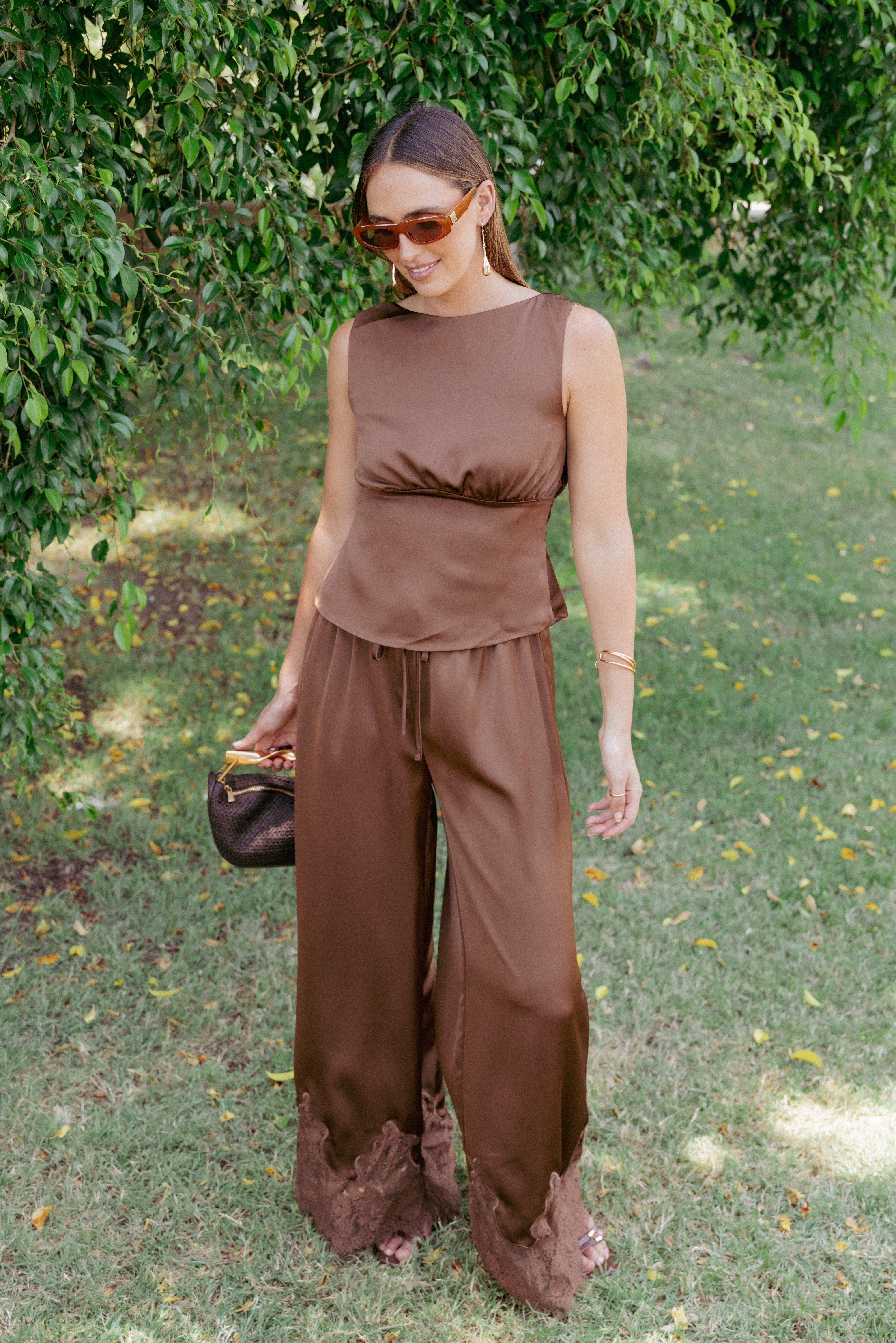 Viola Drawstring Wide Leg Pant - Chocolate