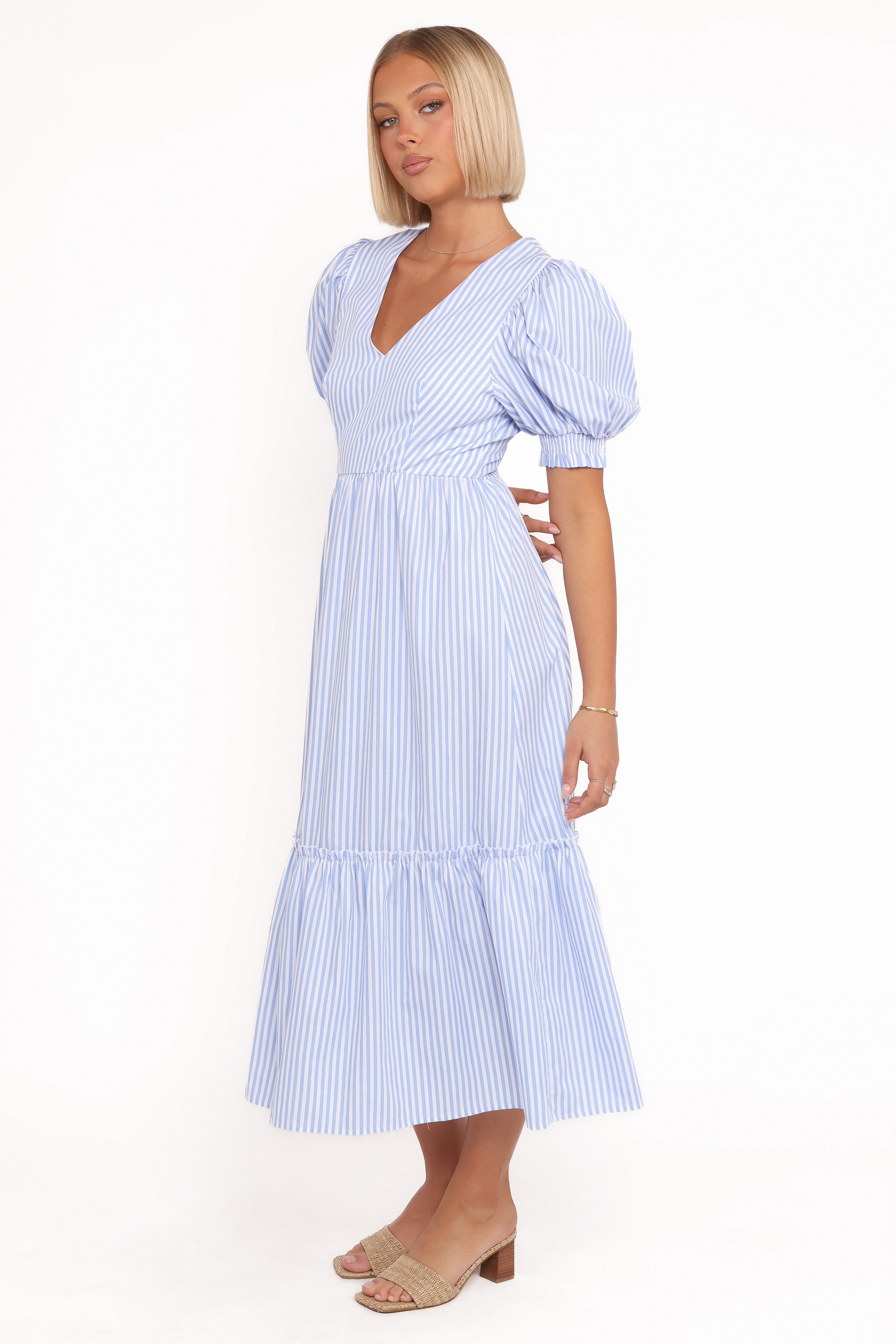 Steele Puff Sleeve Midi Dress - Blue Stripe